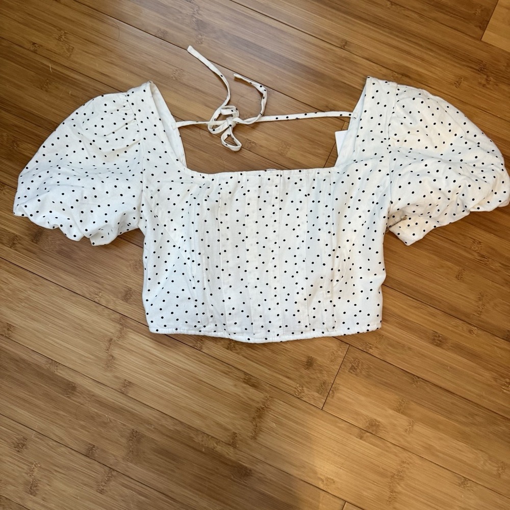 Midnight Sky Polka Dot Crop Top Womens Small Puff Sleeve Smocked Linen Blend NWT